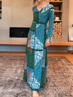 Polly Patchwork print Green Maxi wrap Dress V-Neck small to medium